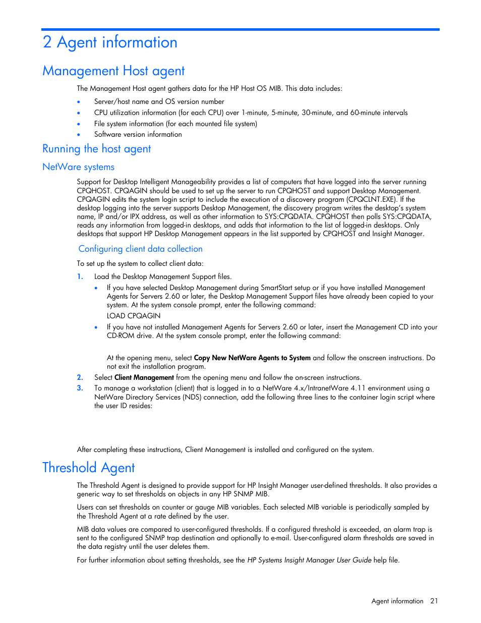 2 agent information, Management host agent, Running the host agent | Netware systems, Configuring client data collection, Threshold agent | HP Insight Management Agents User Manual | Page 21 / 99