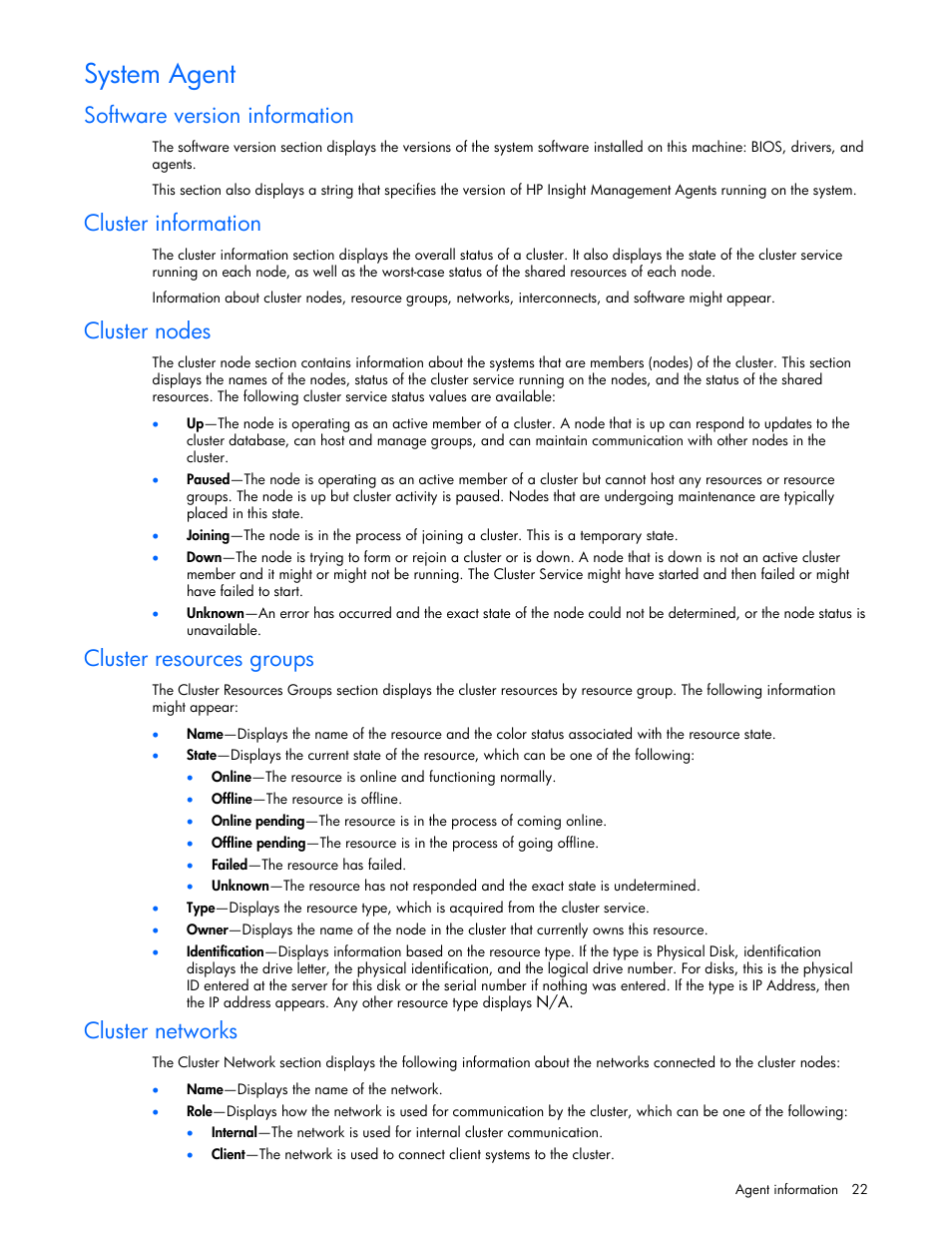 System agent, Software version information, Cluster information | Cluster nodes, Cluster resources groups, Cluster networks | HP Insight Management Agents User Manual | Page 22 / 99