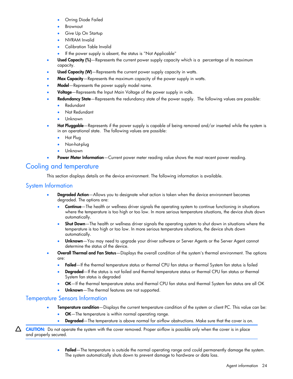 Cooling and temperature, System information, Temperature sensors information | HP Insight Management Agents User Manual | Page 24 / 99