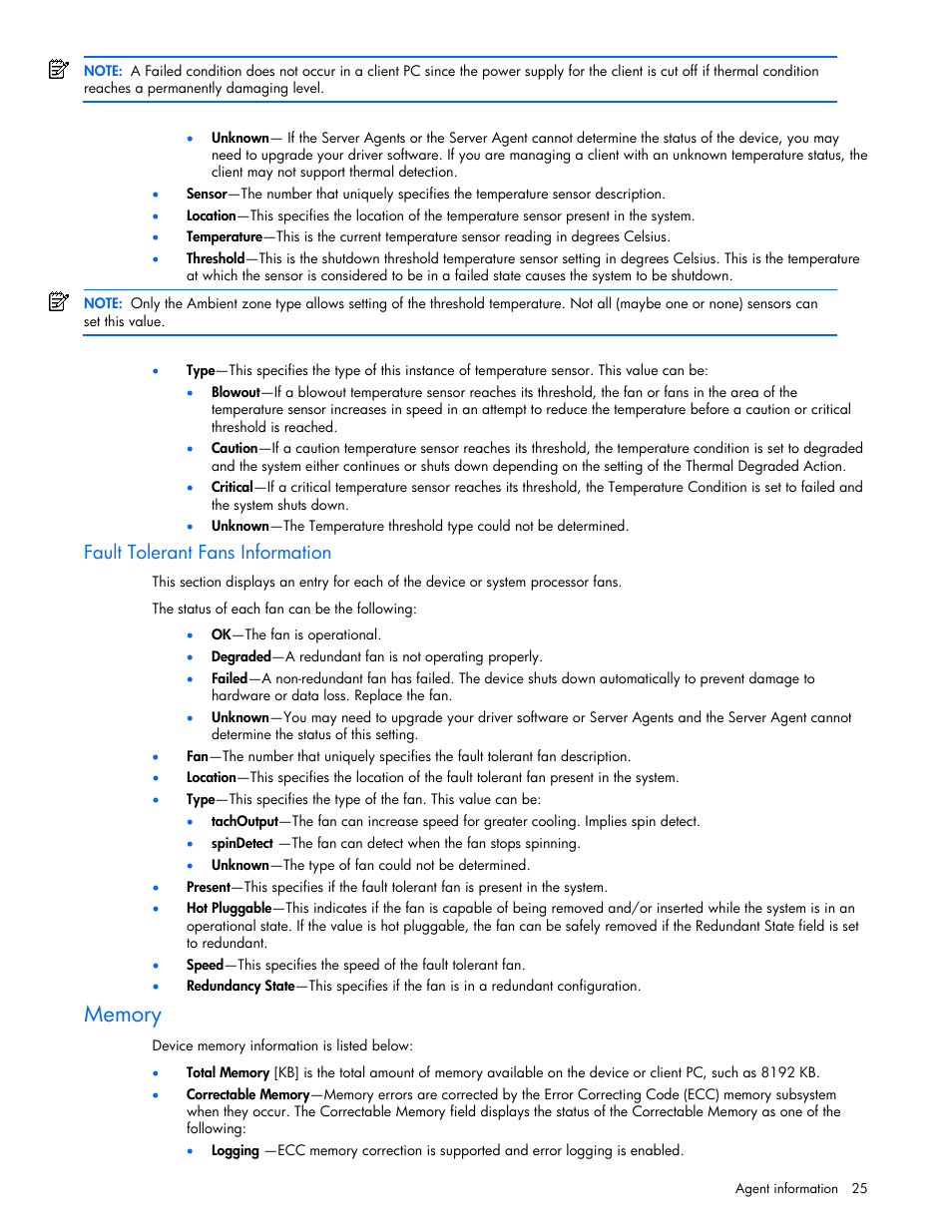 Fault tolerant fans information, Memory | HP Insight Management Agents User Manual | Page 25 / 99