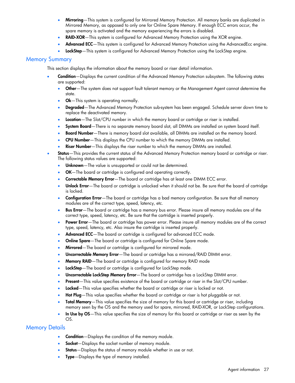 Memory summary, Memory details | HP Insight Management Agents User Manual | Page 27 / 99