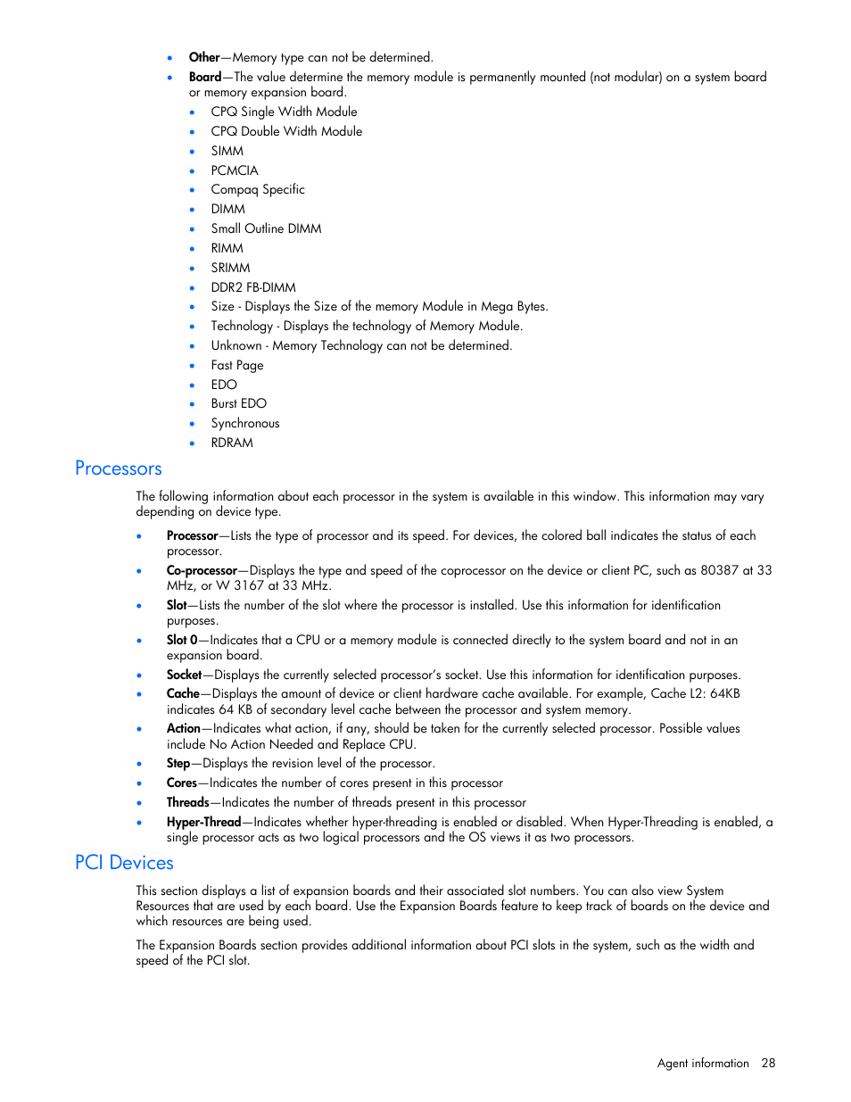 Processors, Pci devices | HP Insight Management Agents User Manual | Page 28 / 99