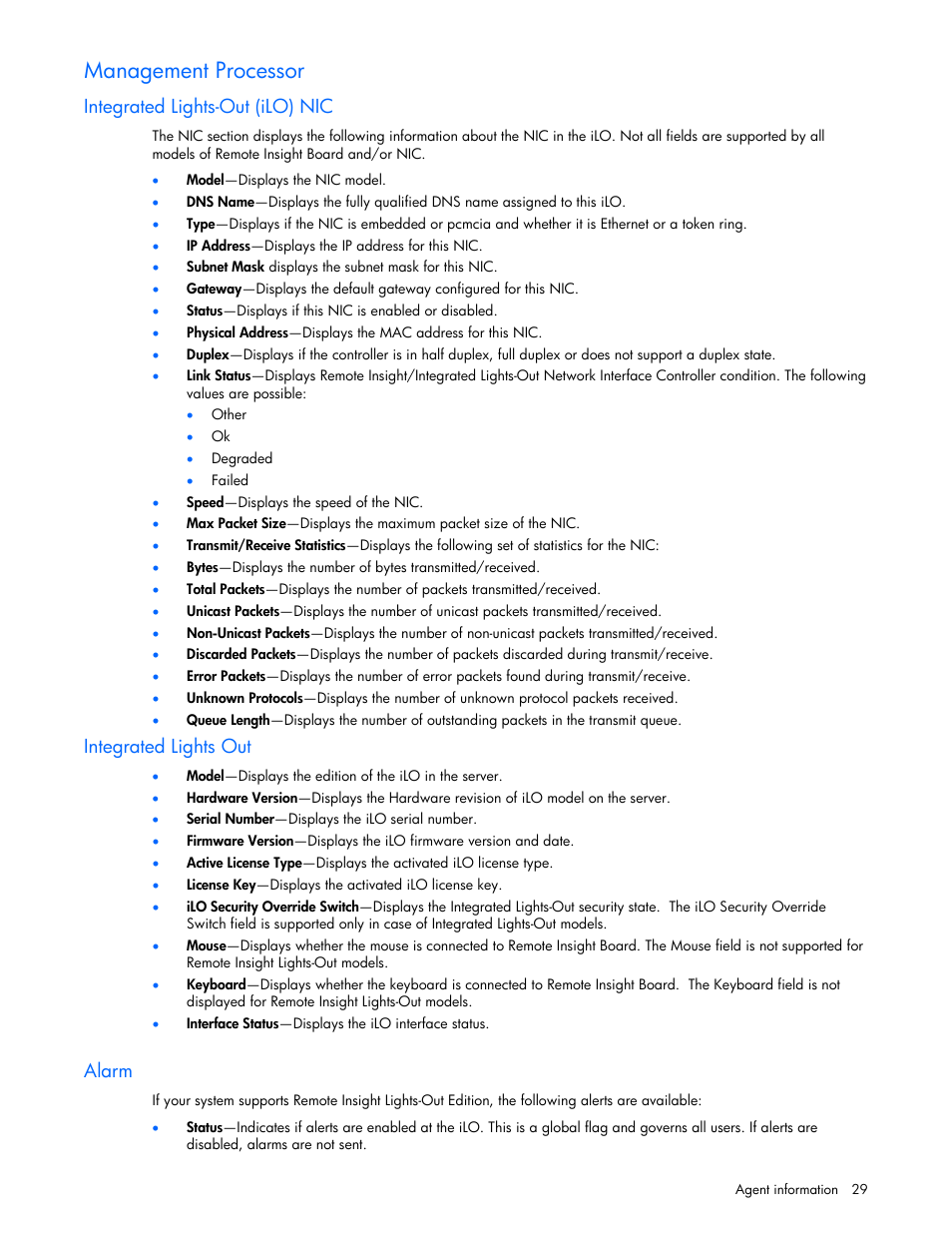 Management processor, Integrated lights-out (ilo) nic, Integrated lights out | Alarm | HP Insight Management Agents User Manual | Page 29 / 99
