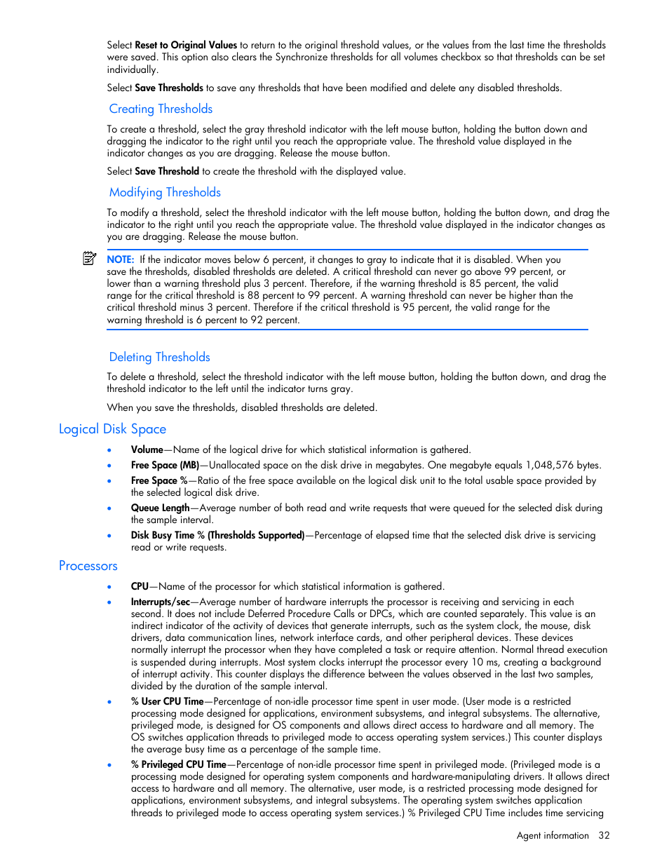 Creating thresholds, Modifying thresholds, Deleting thresholds | Logical disk space, Processors | HP Insight Management Agents User Manual | Page 32 / 99