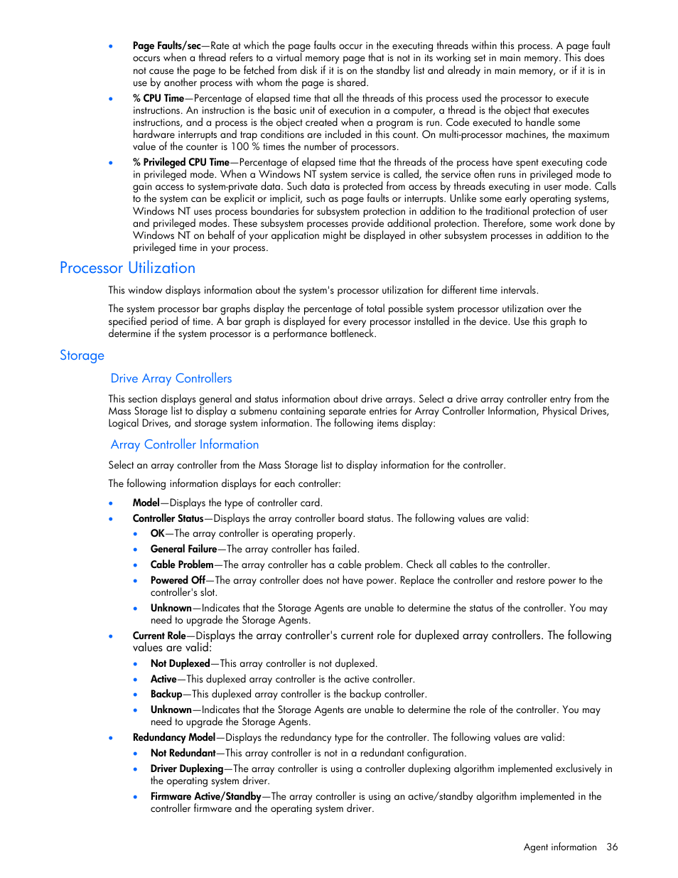 Processor utilization, Storage, Drive array controllers | Array controller information | HP Insight Management Agents User Manual | Page 36 / 99