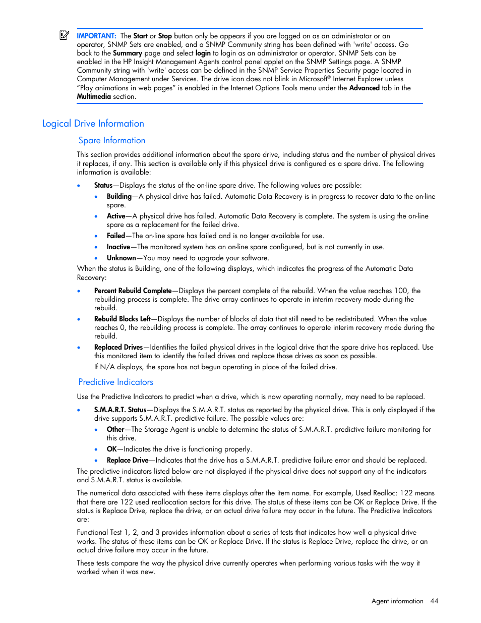 Logical drive information, Spare information, Predictive indicators | HP Insight Management Agents User Manual | Page 44 / 99