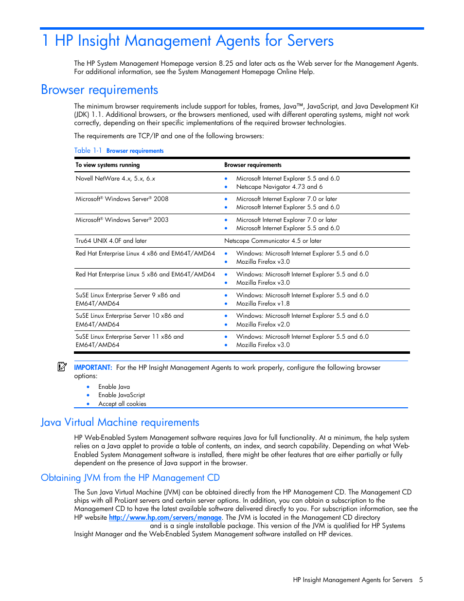 1 hp insight management agents for servers, Browser requirements, Java virtual machine requirements | Obtaining jvm from the hp management cd | HP Insight Management Agents User Manual | Page 5 / 99