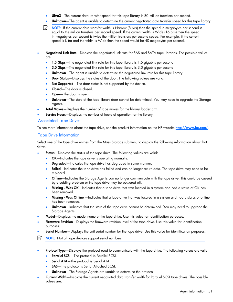 Associated tape drives, Tape drive information | HP Insight Management Agents User Manual | Page 51 / 99