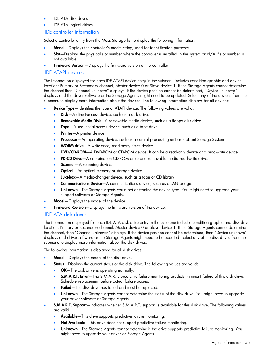 Ide controller information, Ide atapi devices, Ide ata disk drives | HP Insight Management Agents User Manual | Page 55 / 99