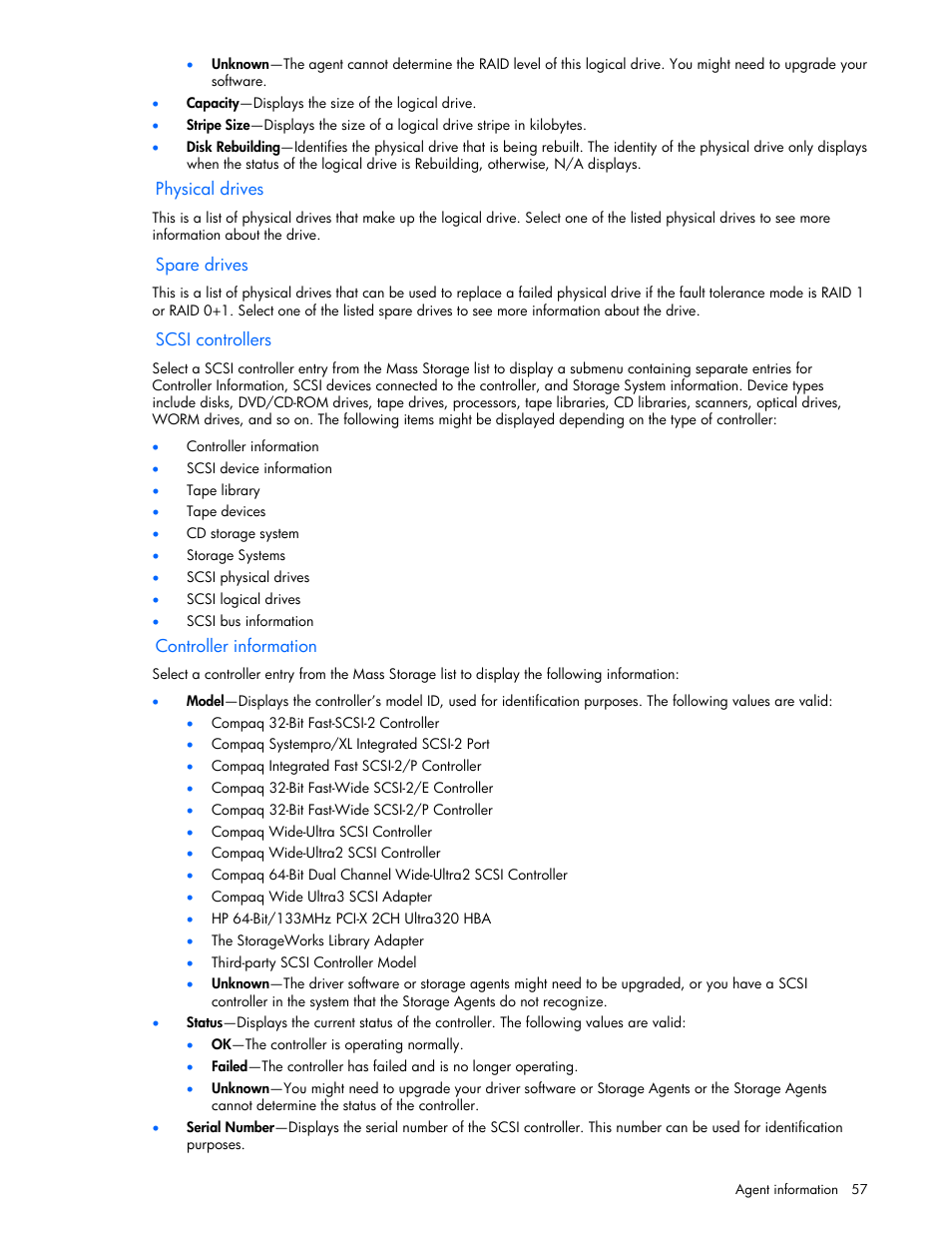 Physical drives, Spare drives, Scsi controllers | Controller information | HP Insight Management Agents User Manual | Page 57 / 99