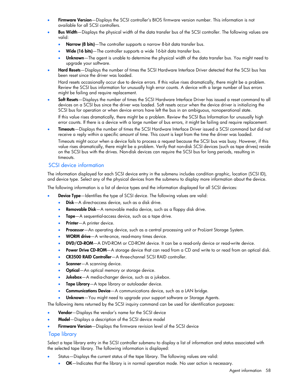 Scsi device information, Tape library | HP Insight Management Agents User Manual | Page 58 / 99