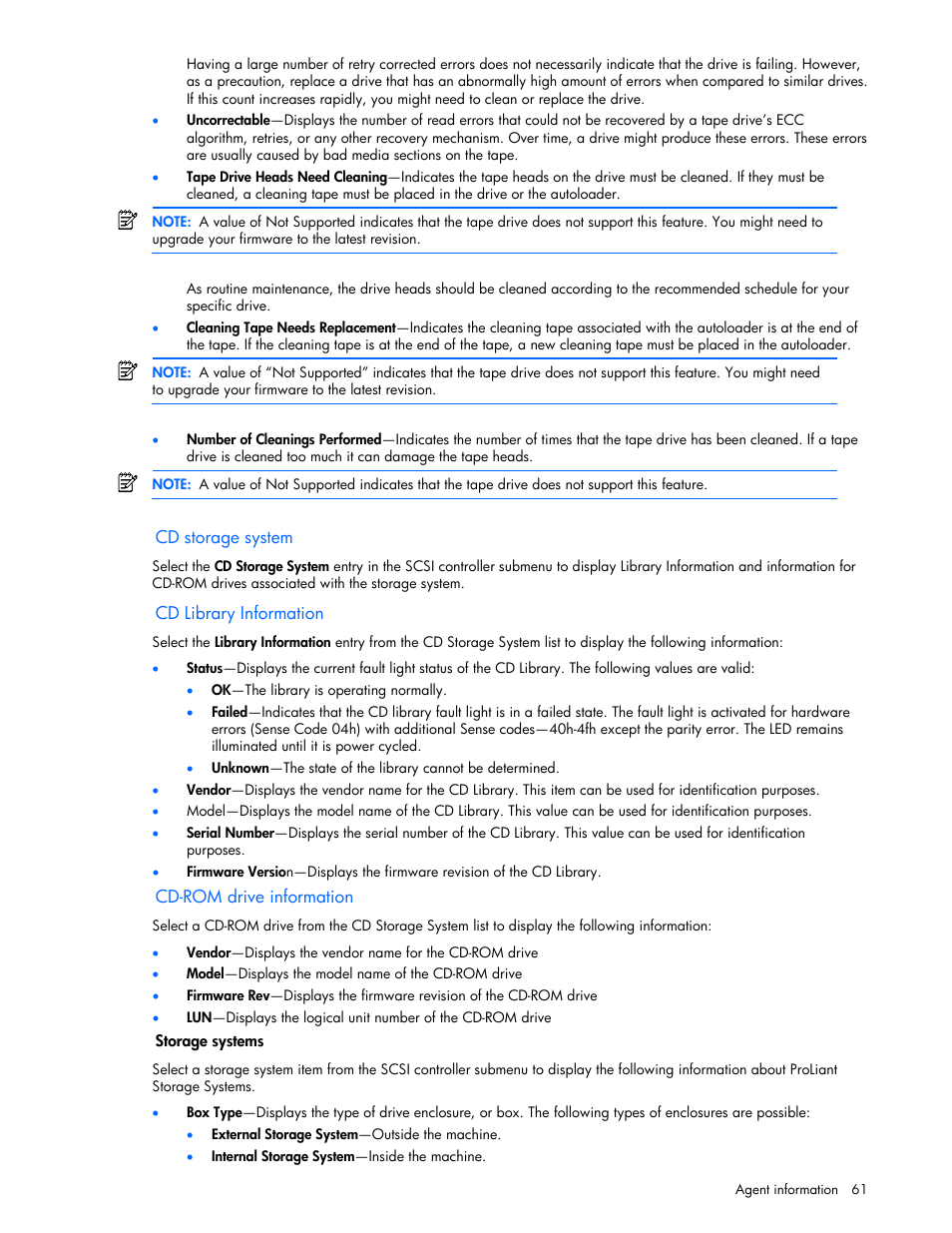 Cd storage system, Cd library information, Cd-rom drive information | Storage systems | HP Insight Management Agents User Manual | Page 61 / 99