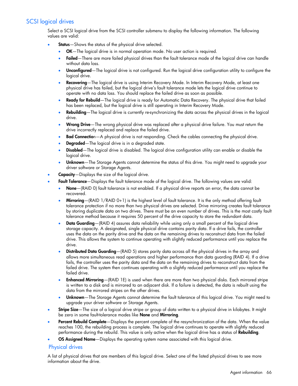 Scsi logical drives, Physical drives | HP Insight Management Agents User Manual | Page 66 / 99