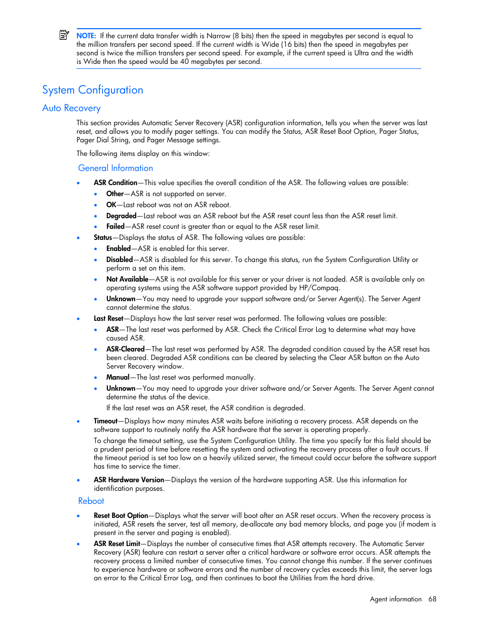 System configuration, Auto recovery, General information | Reboot | HP Insight Management Agents User Manual | Page 68 / 99