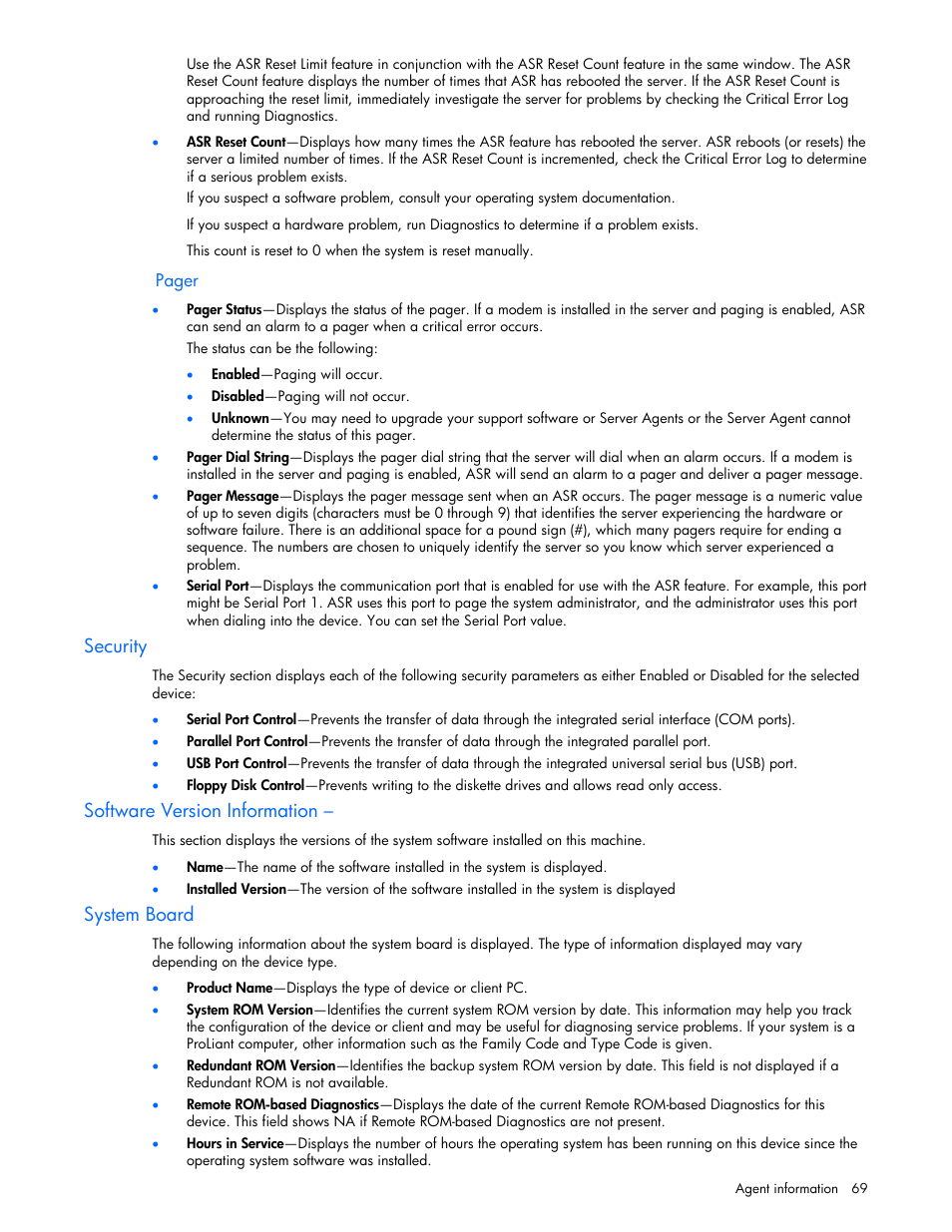 Security, Software version information, System board | HP Insight Management Agents User Manual | Page 69 / 99