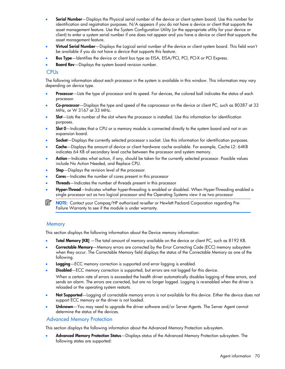 Cpus, Memory, Advanced memory protection | HP Insight Management Agents User Manual | Page 70 / 99