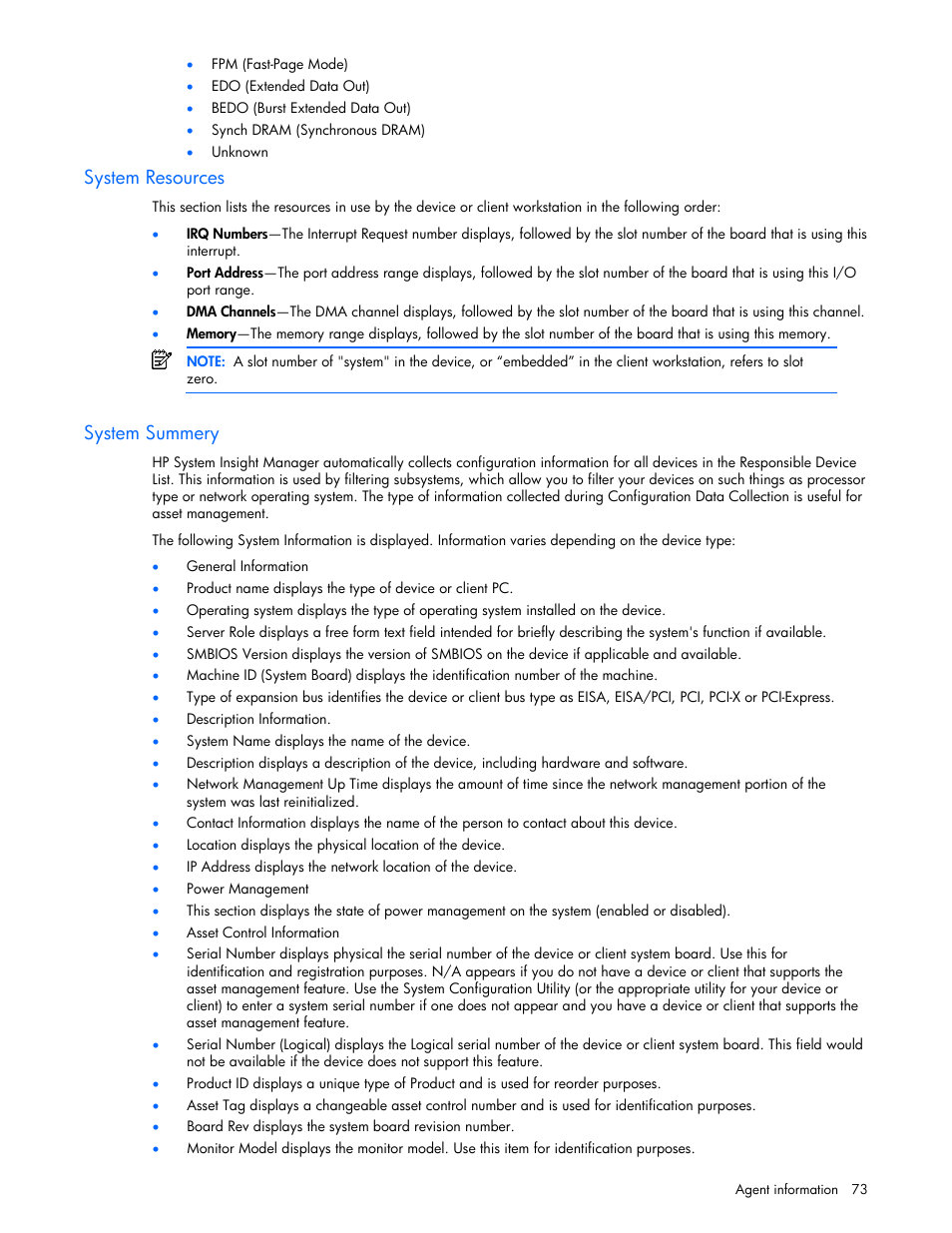 System resources, System summery | HP Insight Management Agents User Manual | Page 73 / 99