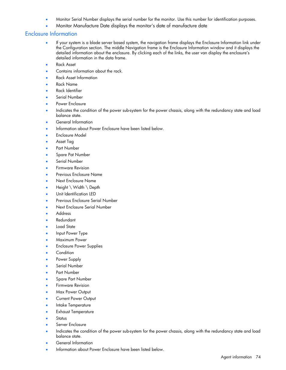 Enclosure information | HP Insight Management Agents User Manual | Page 74 / 99