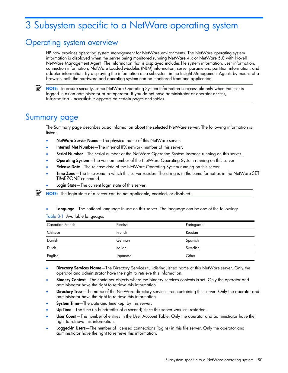 3 subsystem specific to a netware operating system, Operating system overview, Summary page | HP Insight Management Agents User Manual | Page 80 / 99