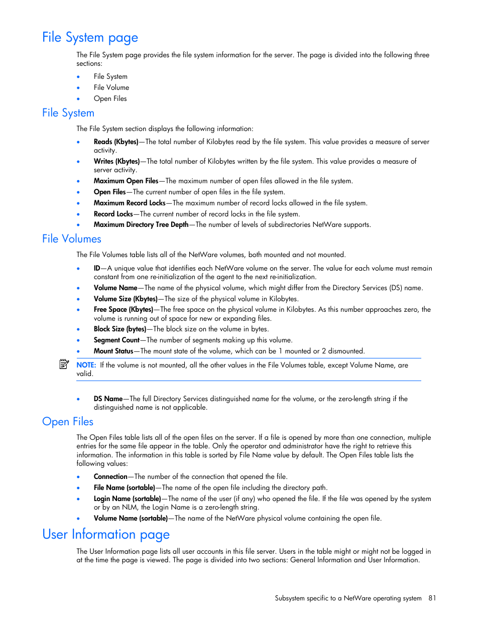 File system, File volumes, Open files | File system page, User information page | HP Insight Management Agents User Manual | Page 81 / 99