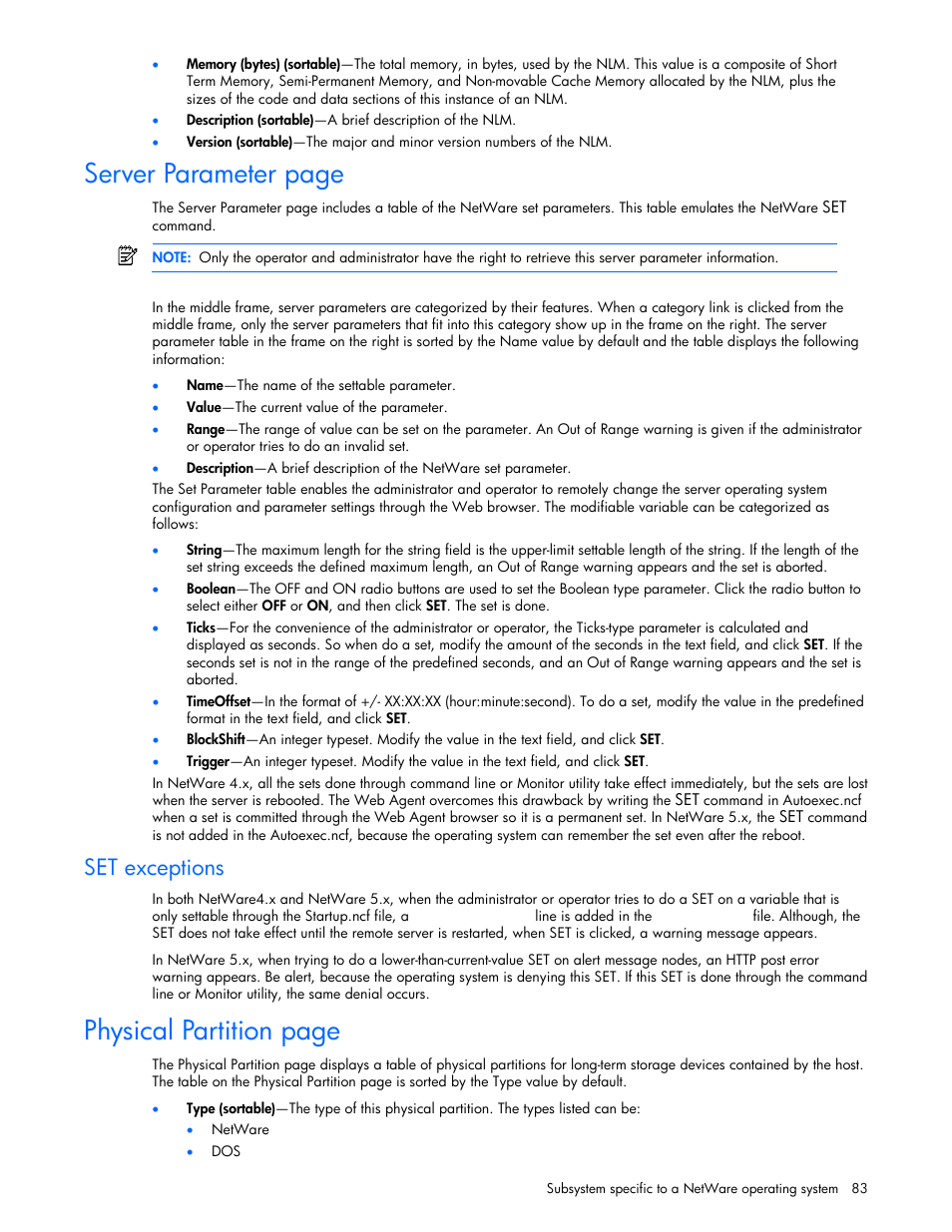 Set exceptions, Server parameter page, Physical partition page | HP Insight Management Agents User Manual | Page 83 / 99