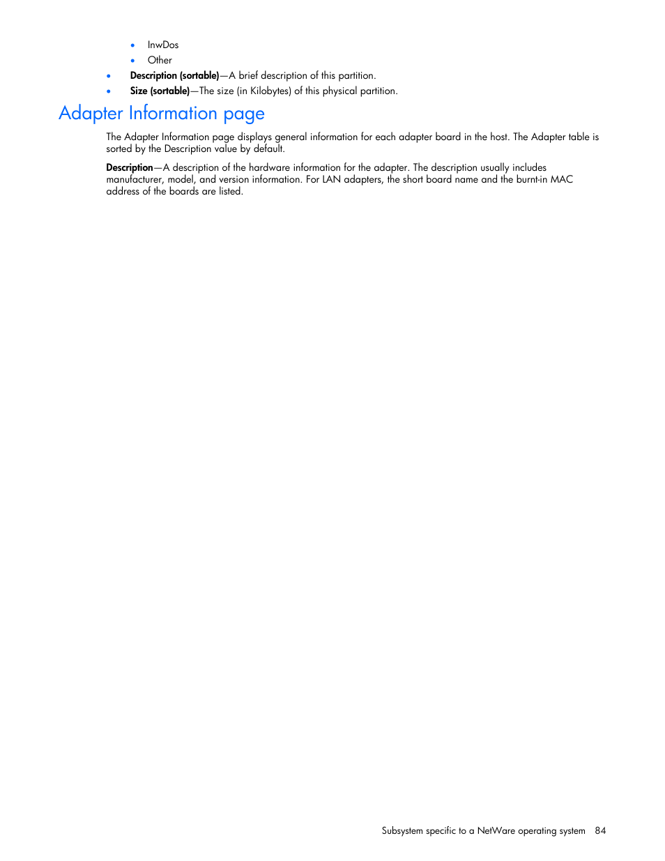 Adapter information page | HP Insight Management Agents User Manual | Page 84 / 99