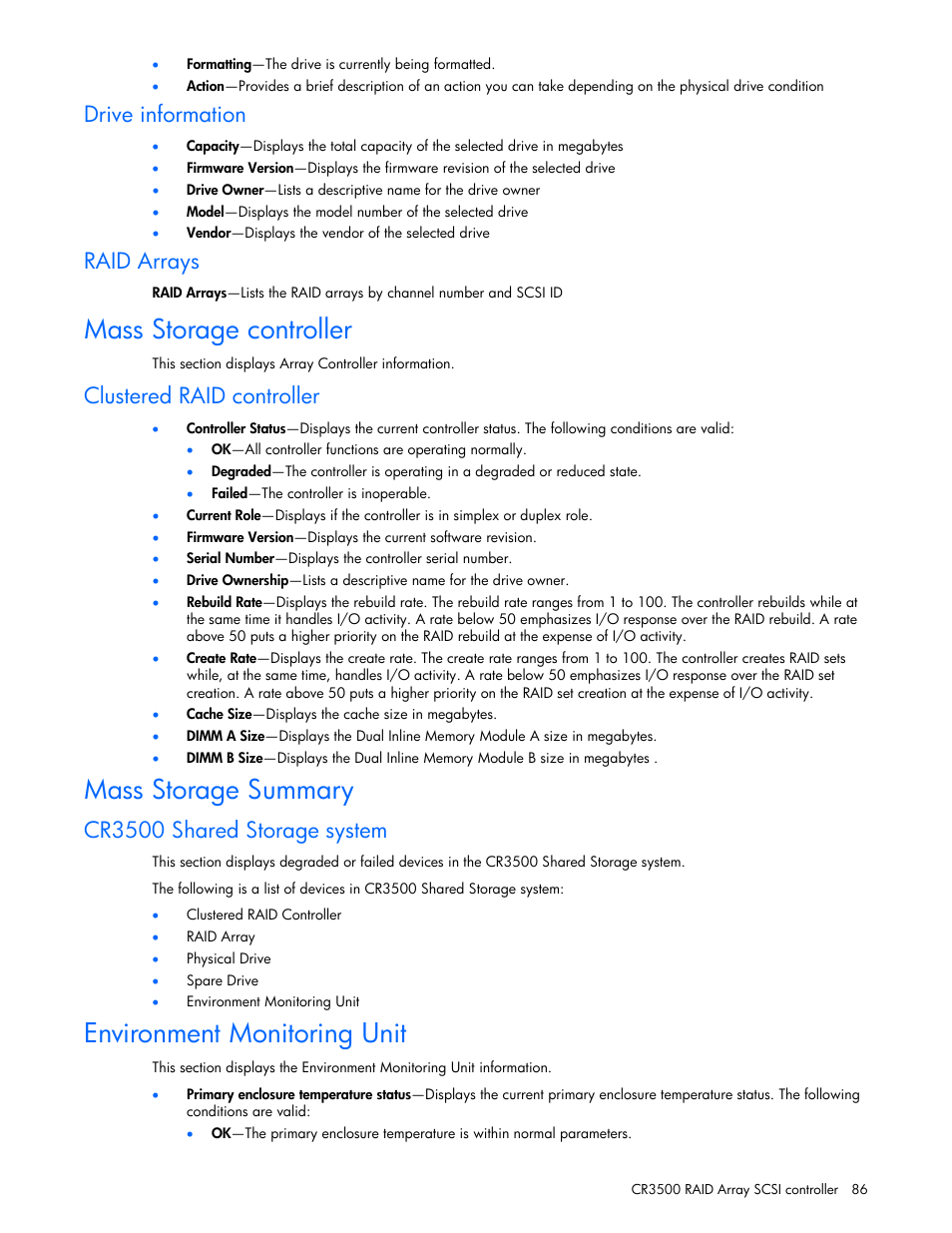 Drive information, Raid arrays, Mass storage controller | Clustered raid controller, Mass storage summary, Cr3500 shared storage system, Environment monitoring unit | HP Insight Management Agents User Manual | Page 86 / 99