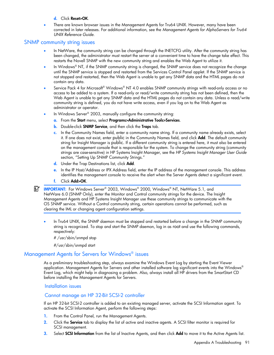 Snmp community string issues, Management agents for servers for windows® issues, Installation issues | Cannot manage an hp 32bit scsi2 controller, Management agents for servers for windows, Issues | HP Insight Management Agents User Manual | Page 91 / 99