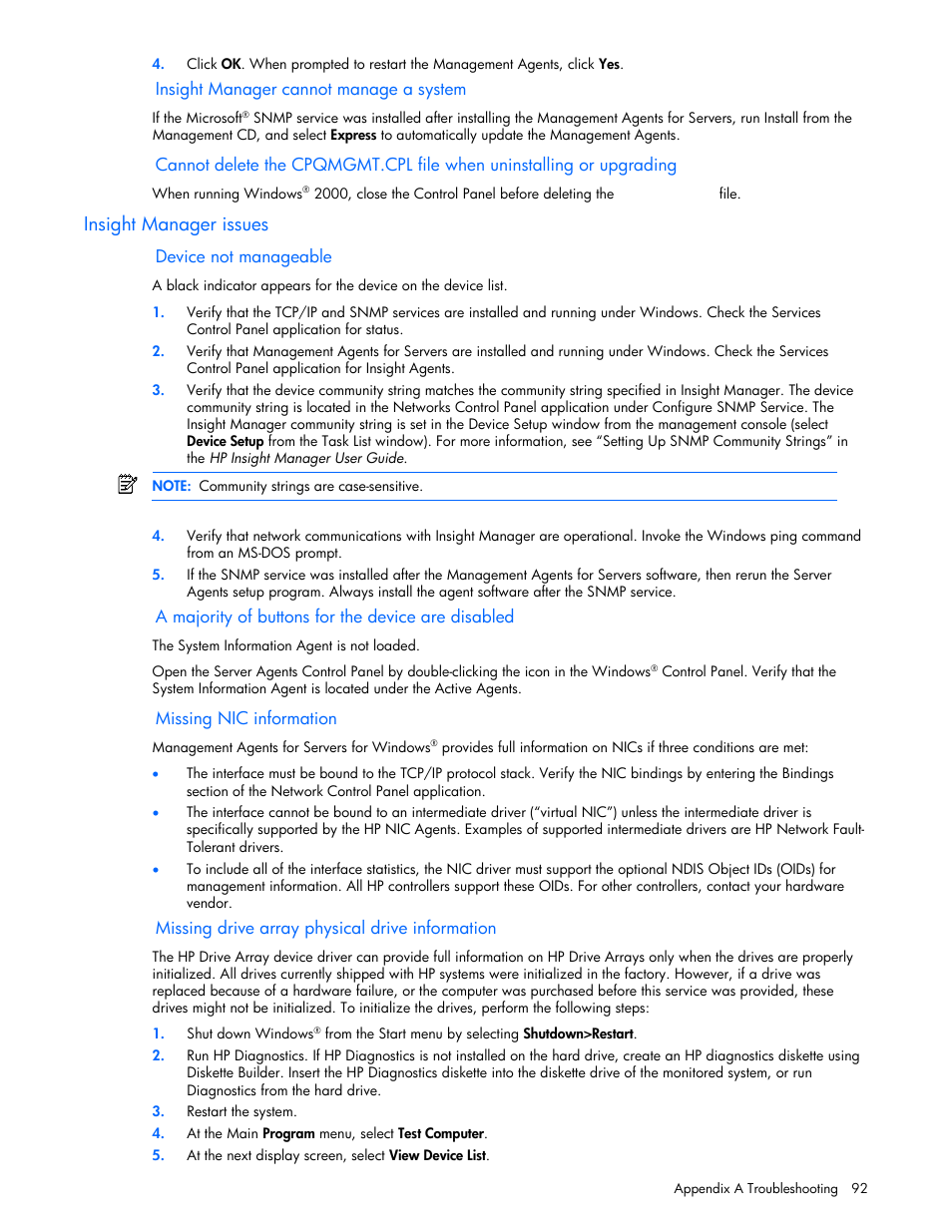 Insight manager cannot manage a system, Insight manager issues, Device not manageable | A majority of buttons for the device are disabled, Missing nic information, Missing drive array physical drive information | HP Insight Management Agents User Manual | Page 92 / 99