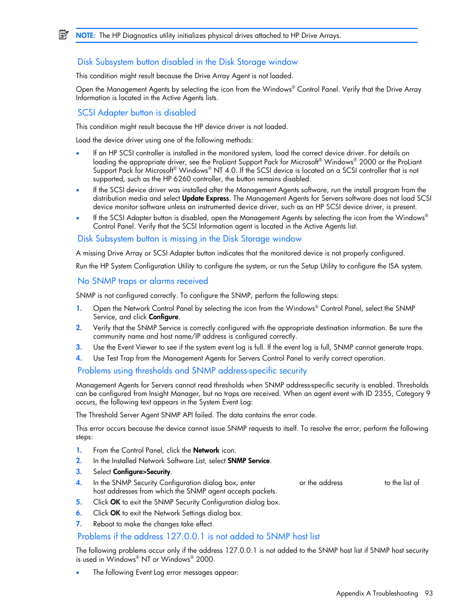 Scsi adapter button is disabled, No snmp traps or alarms received | HP Insight Management Agents User Manual | Page 93 / 99