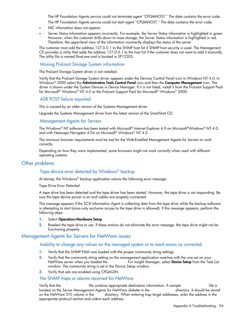 Missing proliant storage system information, Asr post failure reported, Management agents for servers | Other problems, Tape device error detected by windows® backup, Management agents for servers for netware issues, No snmp traps or alarms received for netware | HP Insight Management Agents User Manual | Page 94 / 99