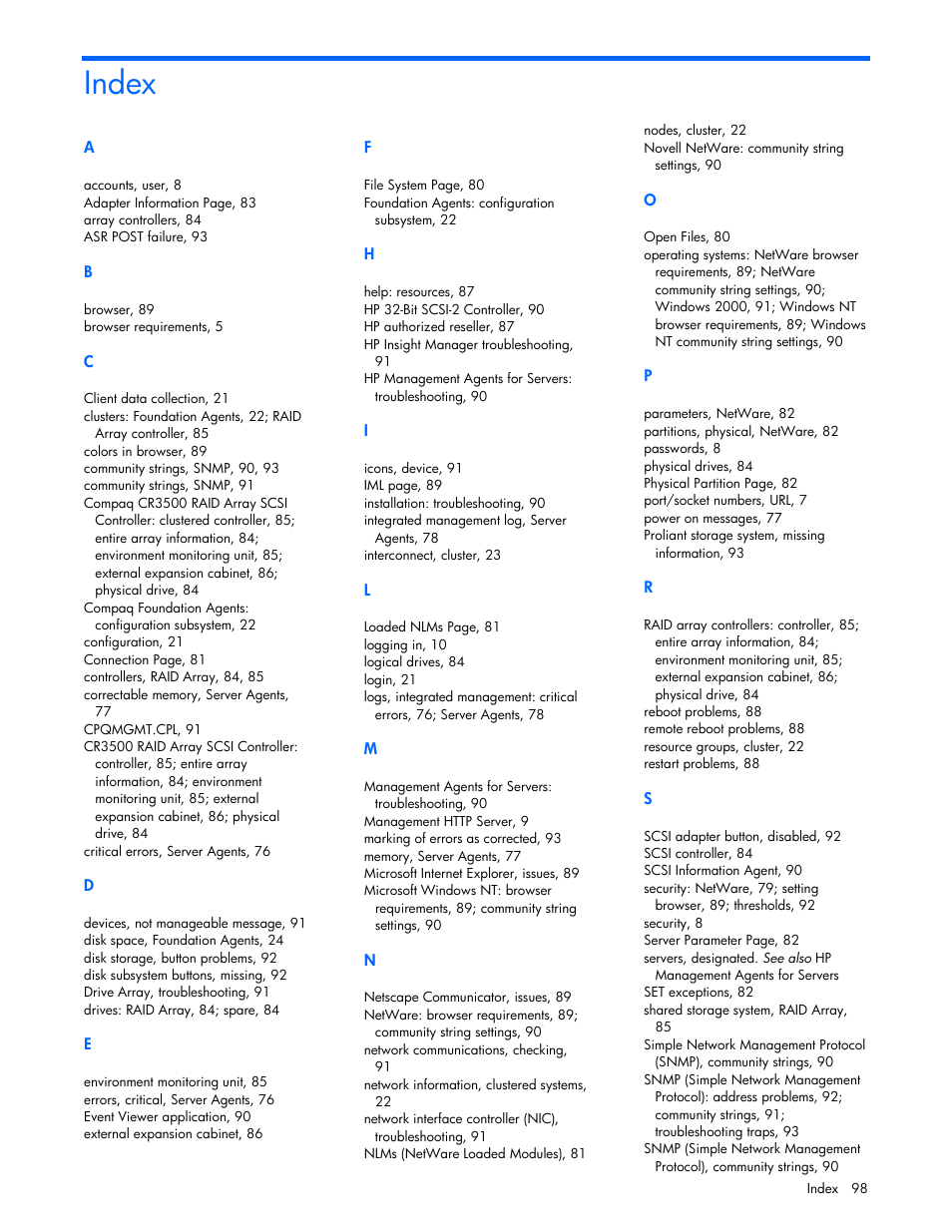 Index | HP Insight Management Agents User Manual | Page 98 / 99