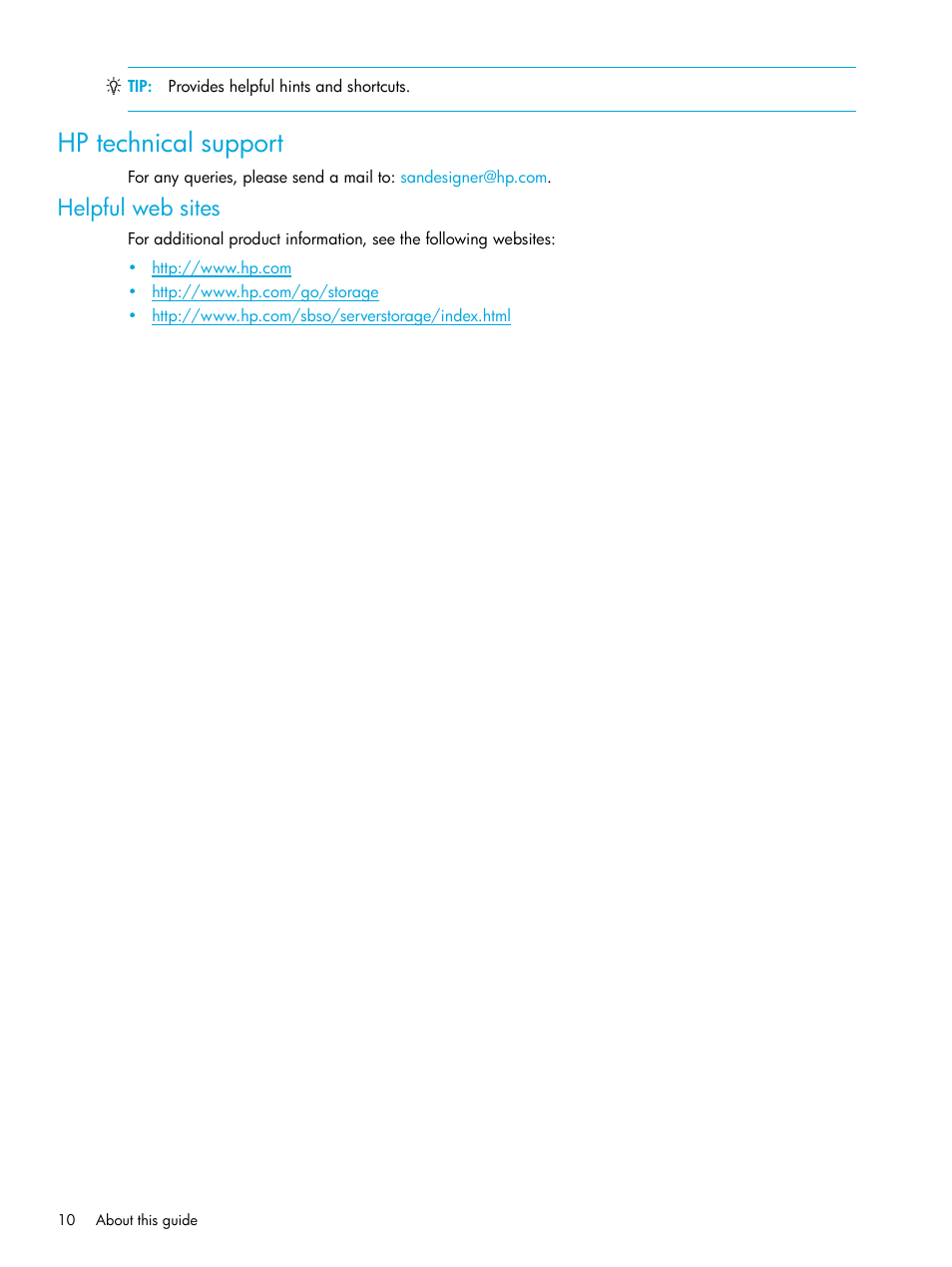 Hp technical support, Helpful web sites | HP SAN User Manual | Page 10 / 30