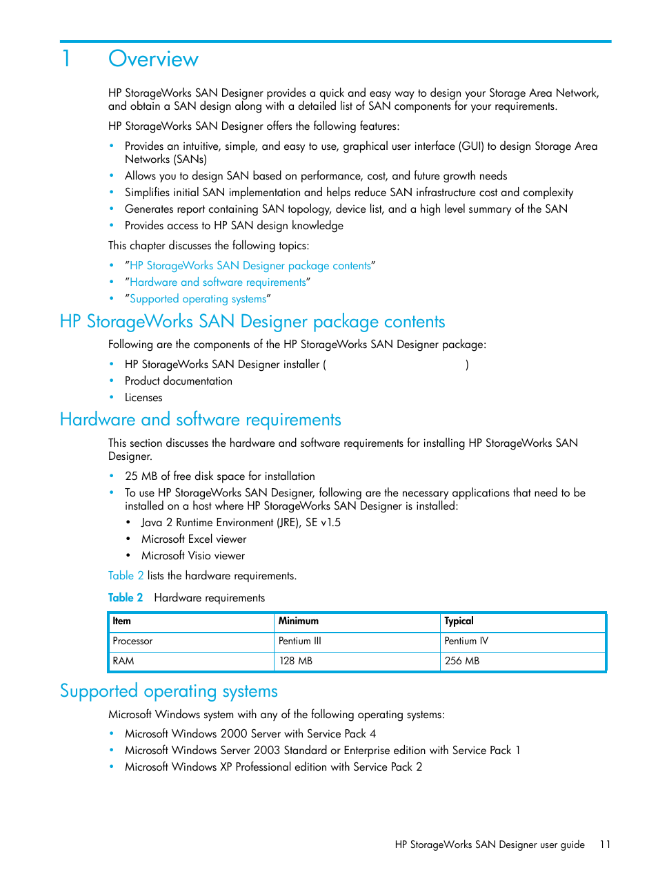 Overview, Hp storageworks san designer package contents, Hardware and software requirements | Supported operating systems, 2 hardware requirements, 1overview | HP SAN User Manual | Page 11 / 30