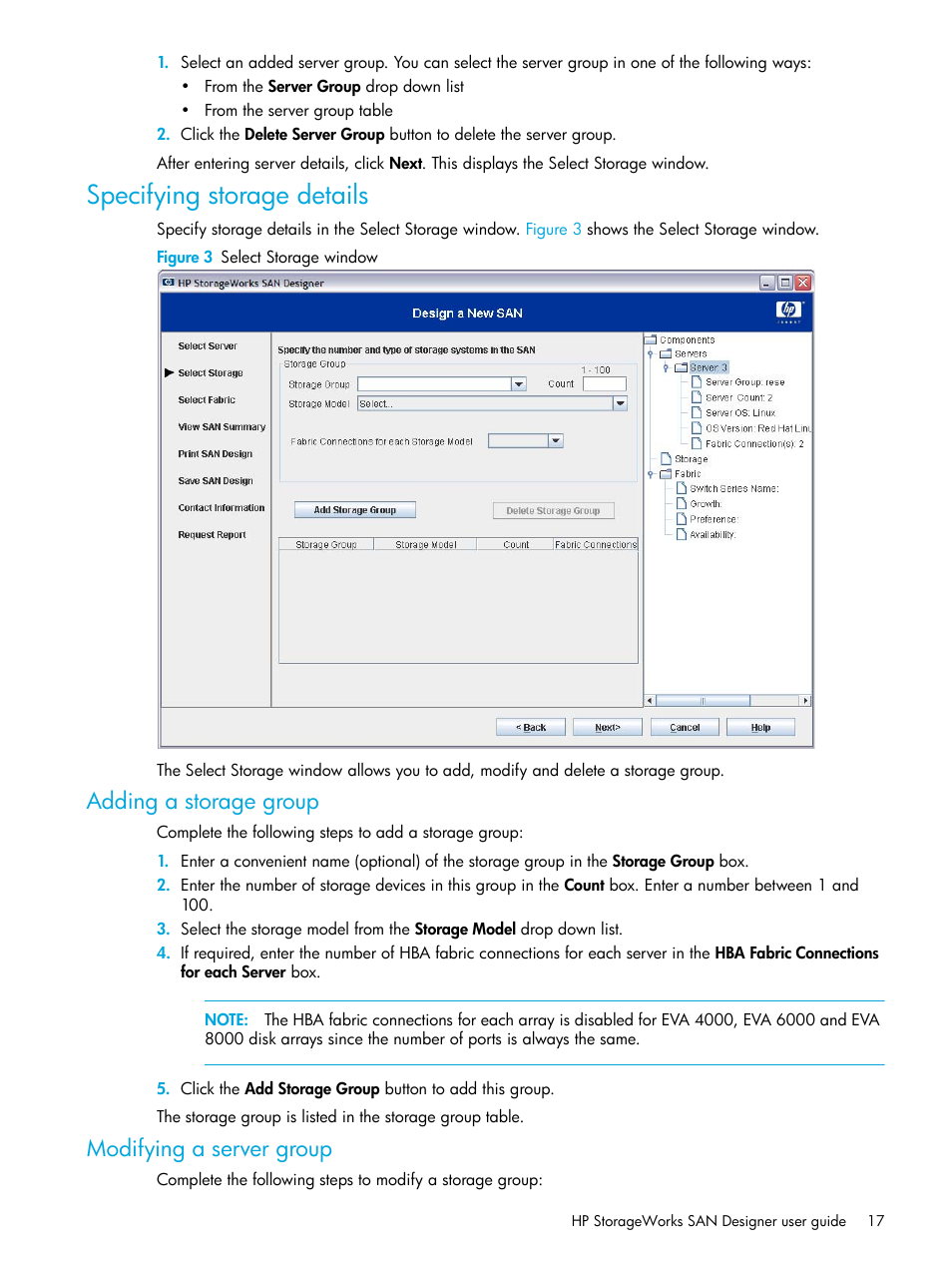 Specifying storage details, Adding a storage group, Modifying a server group | 3 select storage window | HP SAN User Manual | Page 17 / 30