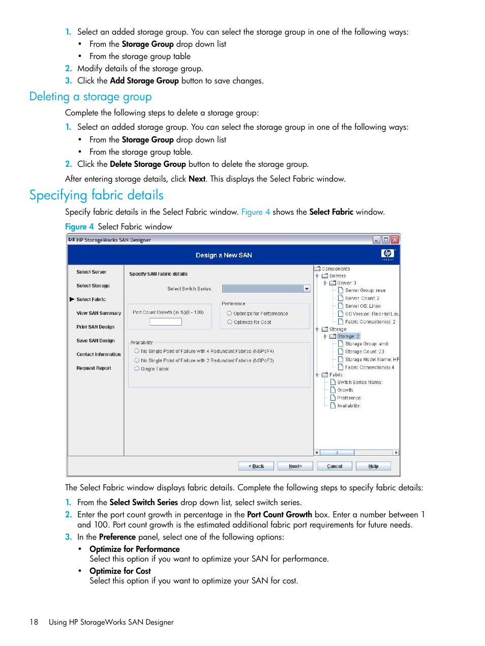 Deleting a storage group, Specifying fabric details, 4 select fabric window | HP SAN User Manual | Page 18 / 30