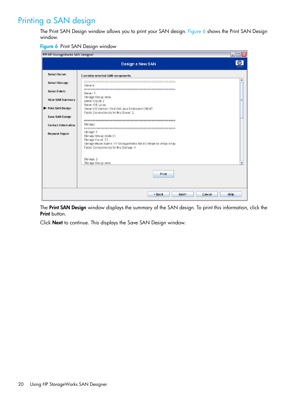 Printing a san design, 6 print san design window | HP SAN User Manual | Page 20 / 30