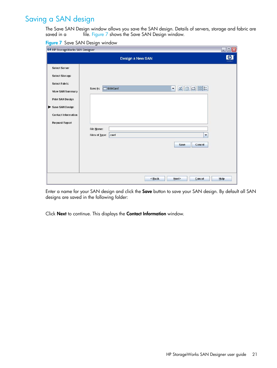 Saving a san design, 7 save san design window | HP SAN User Manual | Page 21 / 30