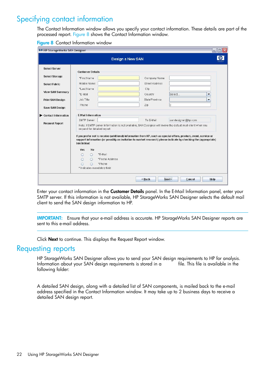 Specifying contact information, Requesting reports, 8 contact information window | HP SAN User Manual | Page 22 / 30