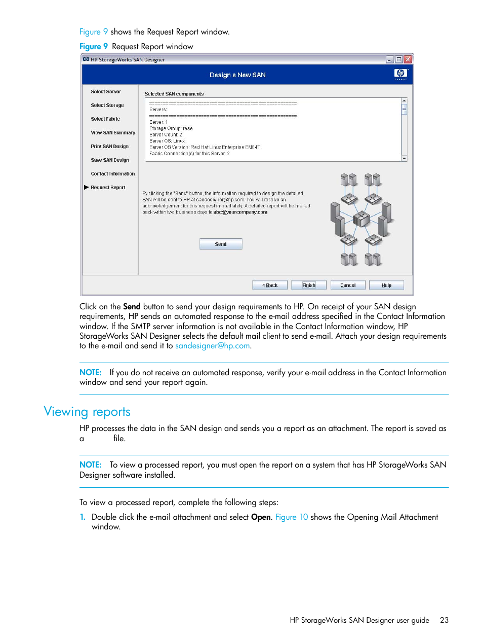 Viewing reports, 9 request report window | HP SAN User Manual | Page 23 / 30