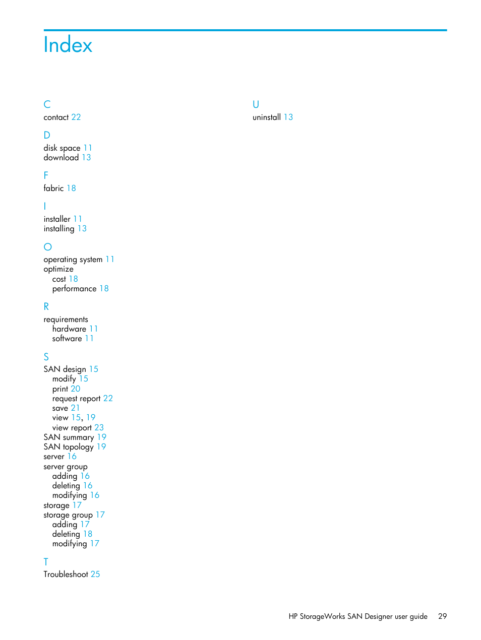 Index | HP SAN User Manual | Page 29 / 30