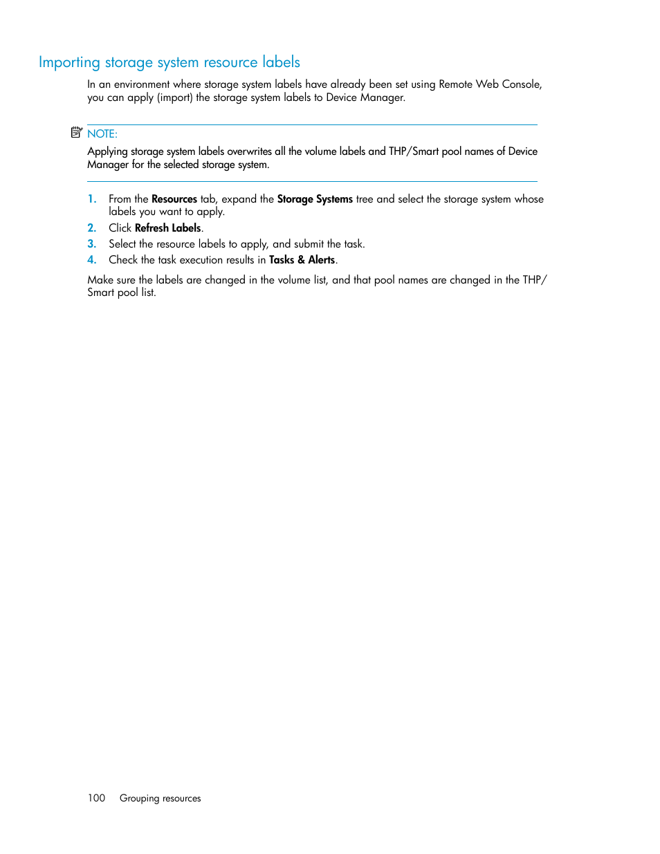 Importing storage system resource labels | HP XP Command View Advanced Edition Software User Manual | Page 100 / 182