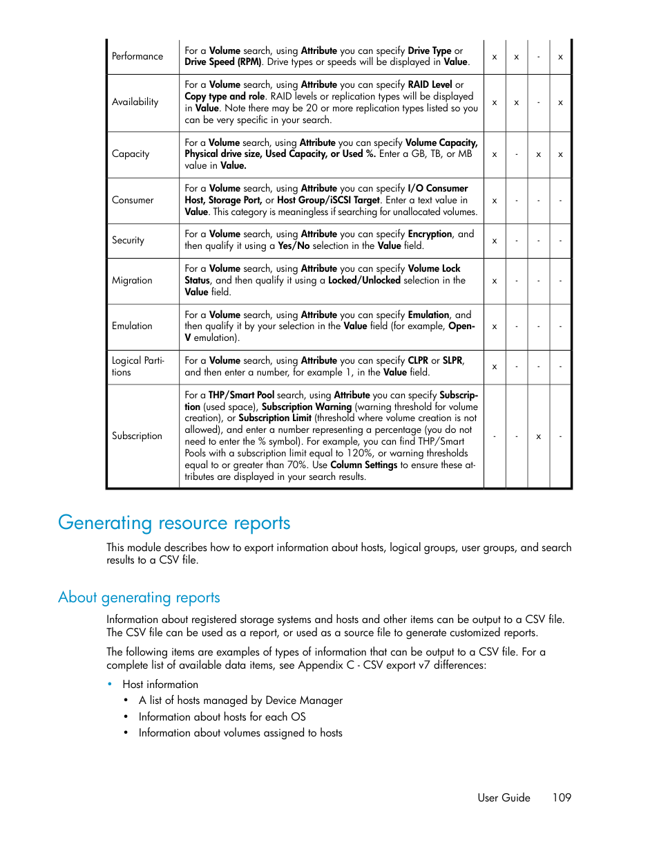 Generating resource reports, About generating reports | HP XP Command View Advanced Edition Software User Manual | Page 109 / 182