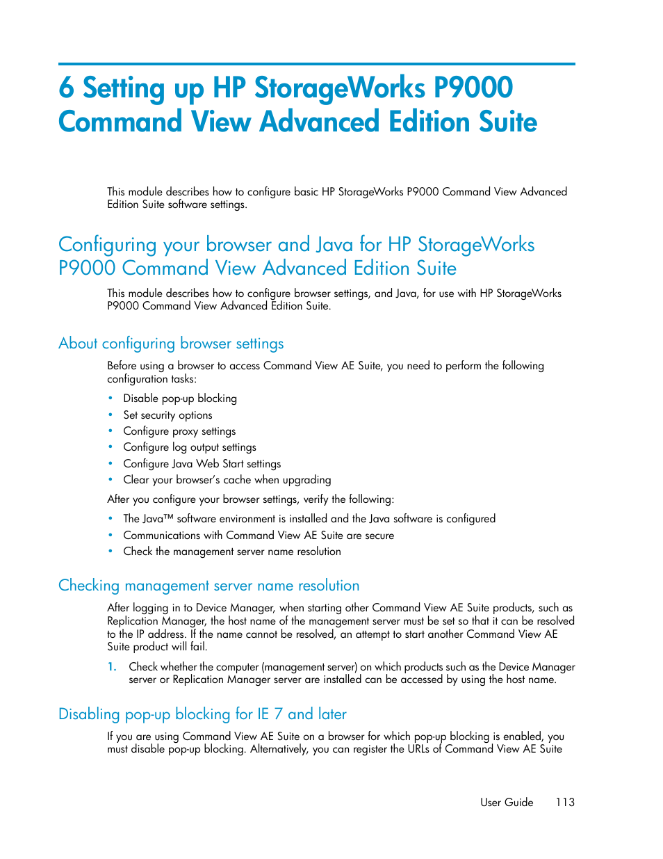 About configuring browser settings, Checking management server name resolution, Disabling pop-up blocking for ie 7 and later | 113 checking management server name resolution, 113 disabling pop-up blocking for ie 7 and later | HP XP Command View Advanced Edition Software User Manual | Page 113 / 182