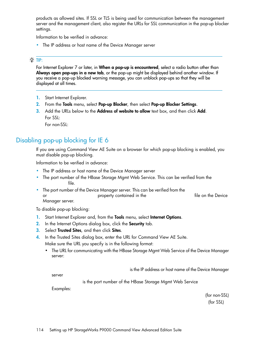 Disabling pop-up blocking for ie 6 | HP XP Command View Advanced Edition Software User Manual | Page 114 / 182