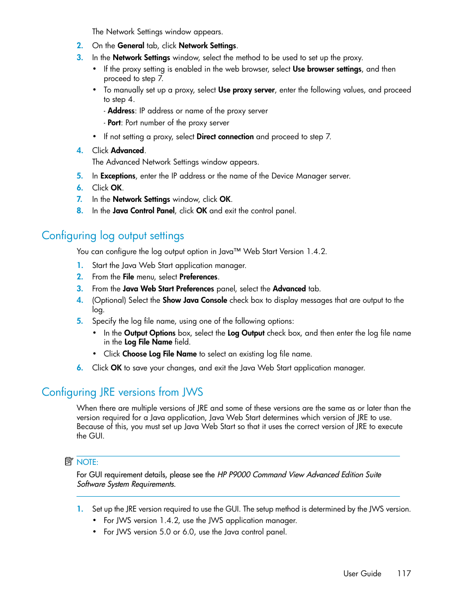 Configuring log output settings, Configuring jre versions from jws, 117 configuring jre versions from jws | HP XP Command View Advanced Edition Software User Manual | Page 117 / 182