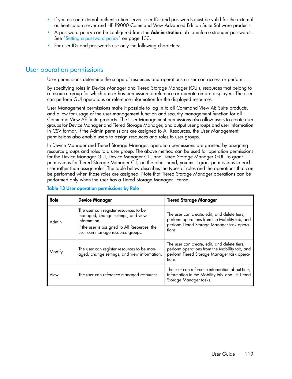 User operation permissions, User operation permissions by role | HP XP Command View Advanced Edition Software User Manual | Page 119 / 182