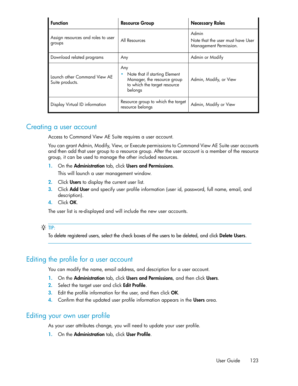 Creating a user account, Editing the profile for a user account, Editing your own user profile | 123 editing the profile for a user account, 123 editing your own user profile | HP XP Command View Advanced Edition Software User Manual | Page 123 / 182