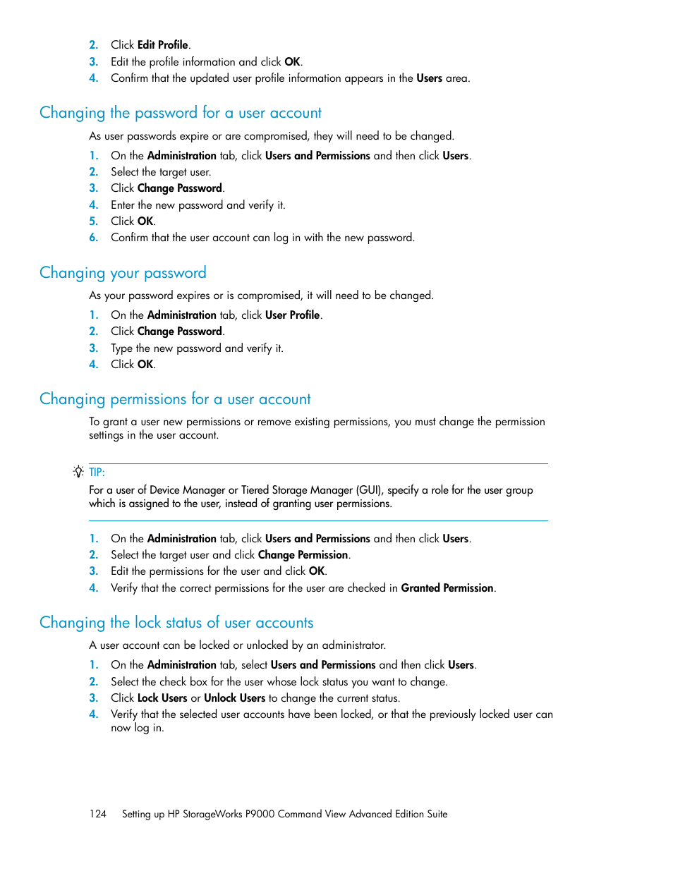 Changing the password for a user account, Changing your password, Changing permissions for a user account | Changing the lock status of user accounts, 124 changing your password, 124 changing permissions for a user account | HP XP Command View Advanced Edition Software User Manual | Page 124 / 182