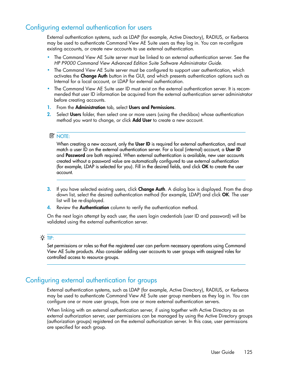 Configuring external authentication for users, Configuring external authentication for groups, 125 configuring external authentication for groups | HP XP Command View Advanced Edition Software User Manual | Page 125 / 182